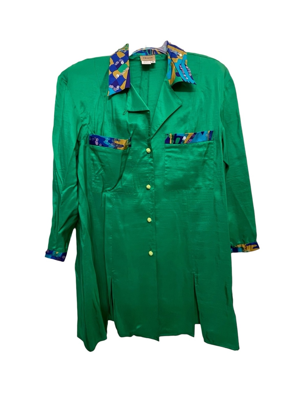 CHIARA Vintage Kelly Green Silk Button-Up Blouse with Patterned Trim Sequins Med